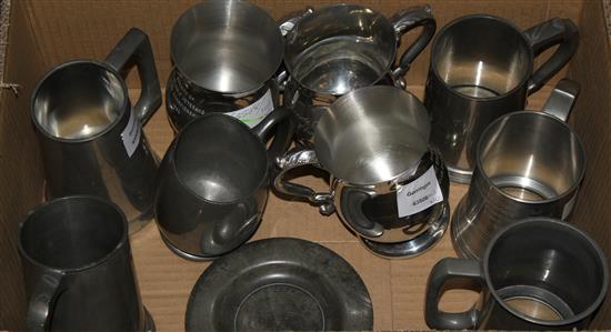 4 glass bottom pewter tankards & 5 other Tudric, Dunhill and baluster tankards and plate